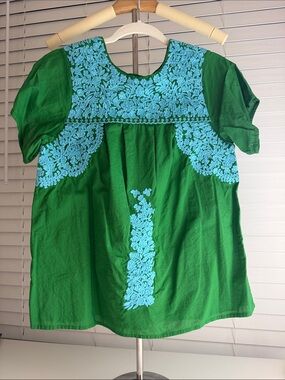 Frances Valentine Green Top with Turquoise Embroidery